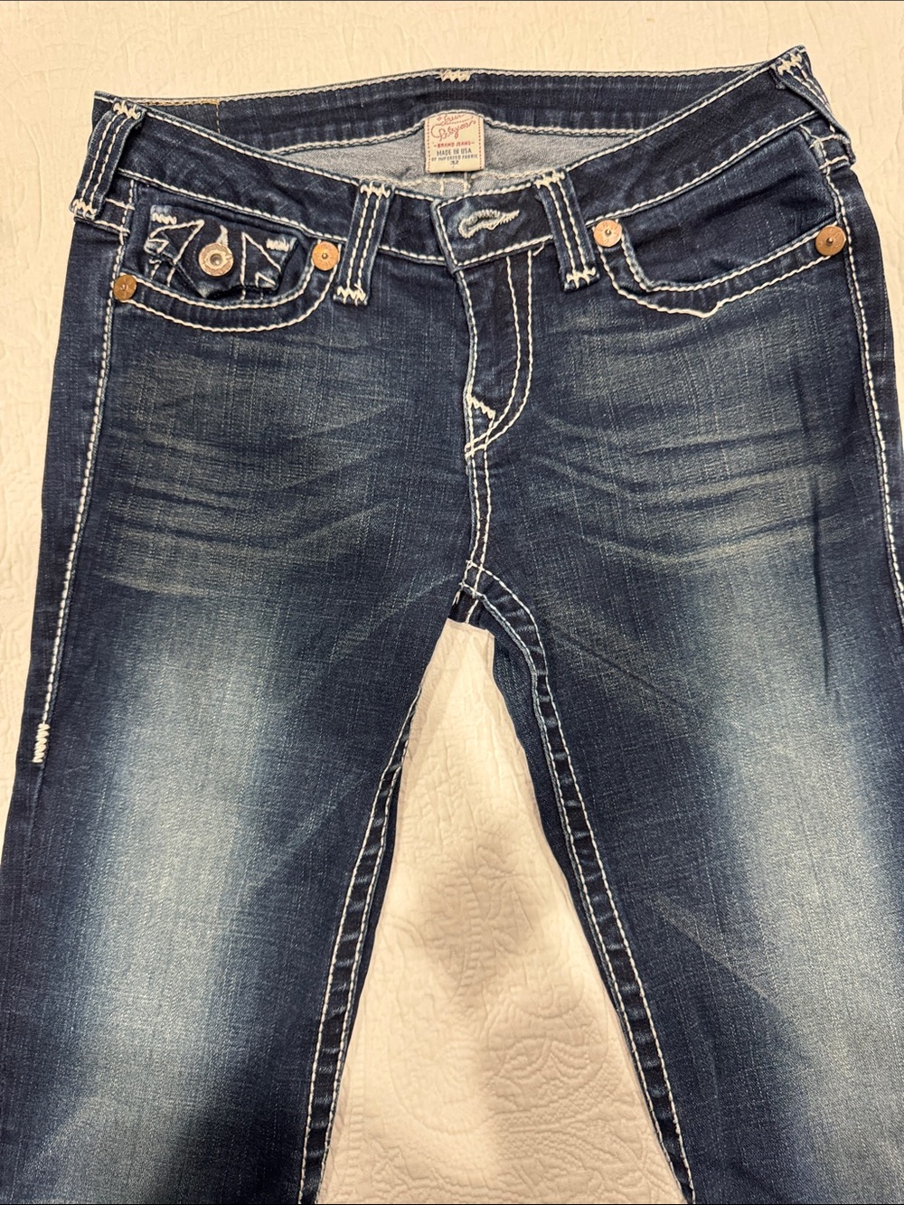 True Religion Women's Dark Blue Bootcut Jeans with Contrast Stitching